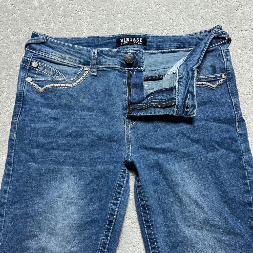 Almost Famous Vintage Jeans Womens 9 Blue Denim Flare Rhinestone Stretch Flap
